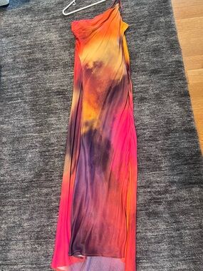 Blank London One-Shoulder Satin Midi Dress Ombre Sunset Print